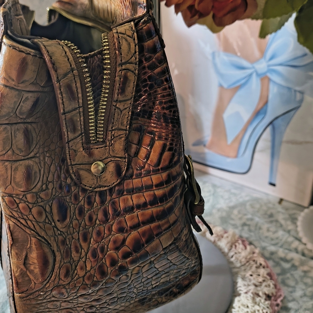 Brahmin Toasted Almond Collection Croc Embossed Leather Satchel Handbag - Picture 9 of 12